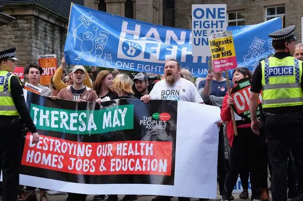 Hands Off HRI campaigners greet Prime Minister Theresa May at manifesto launch in Halifax